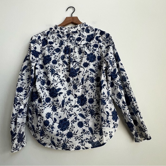 Talbots Popover Petite S Vibrant Floral Ruffle Trim Blouse Blue Coquette Cottage - Picture 9 of 11